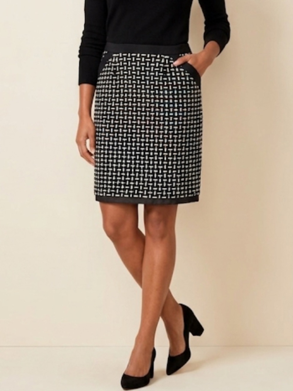 Vintage Talbots 100% Wool Skirt Black White Tweed Pencil Size 10P Old Money chic